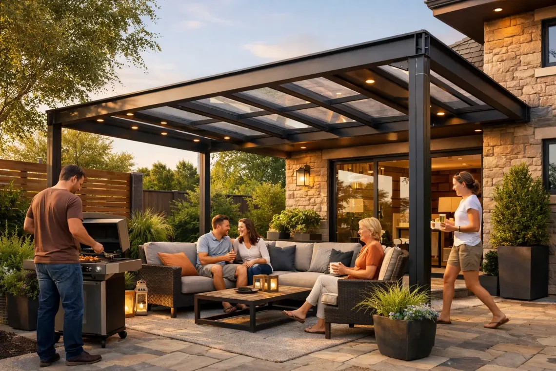 Металлический навес над зоной отдыха на участке