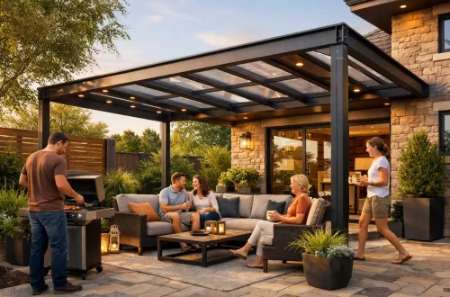 Металлический навес над зоной отдыха на участке