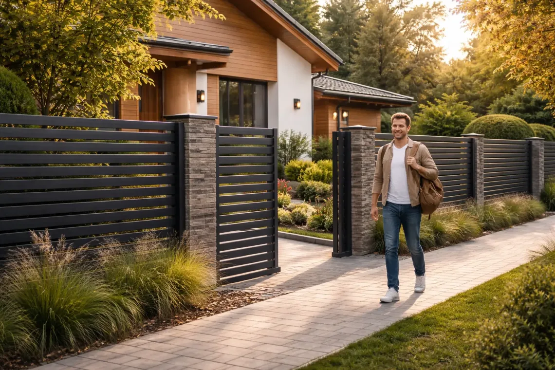 Металлическое ограждение вдоль участка частного дома