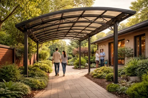 Металлический навес над дорожкой на частном участке