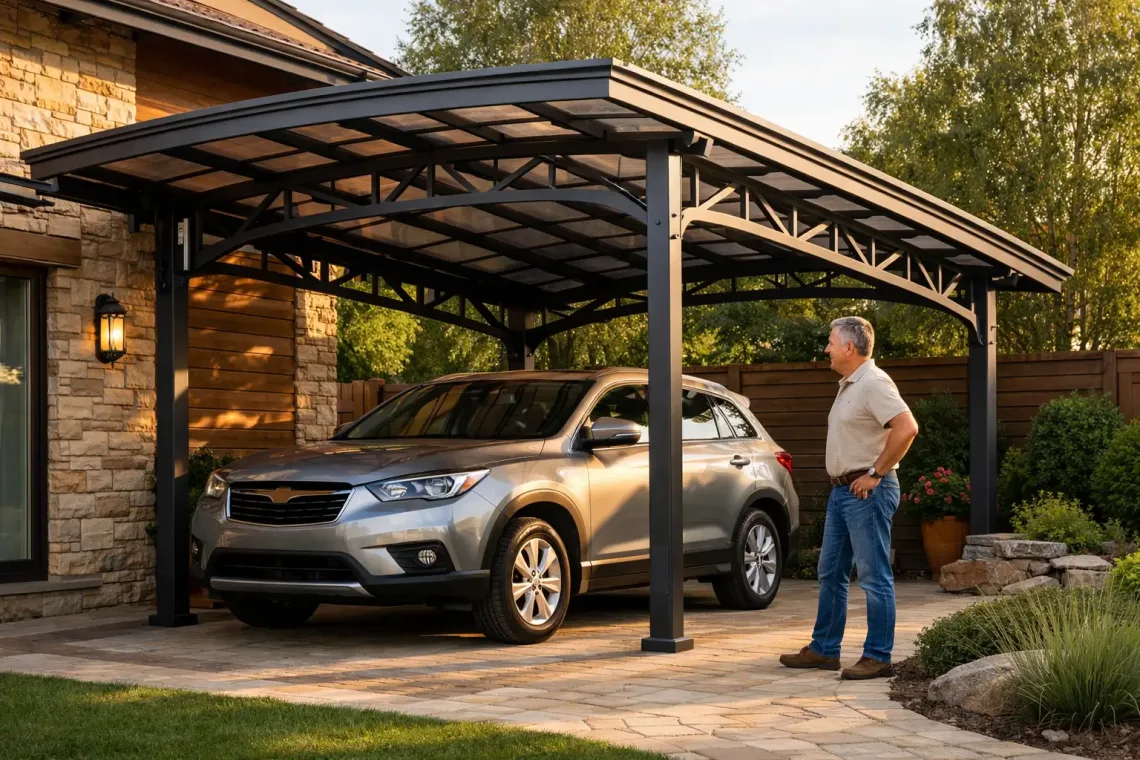 Металлический навес для автомобиля на частном участке