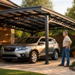 Металлический навес для автомобиля на частном участке