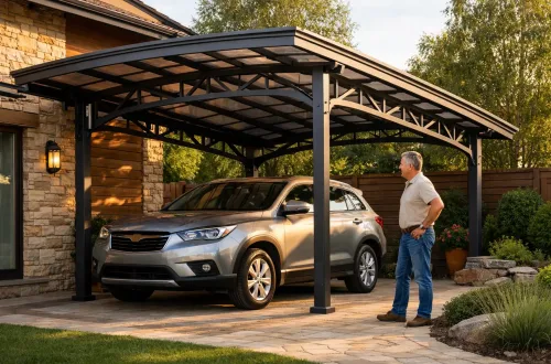 Металлический навес для автомобиля на частном участке