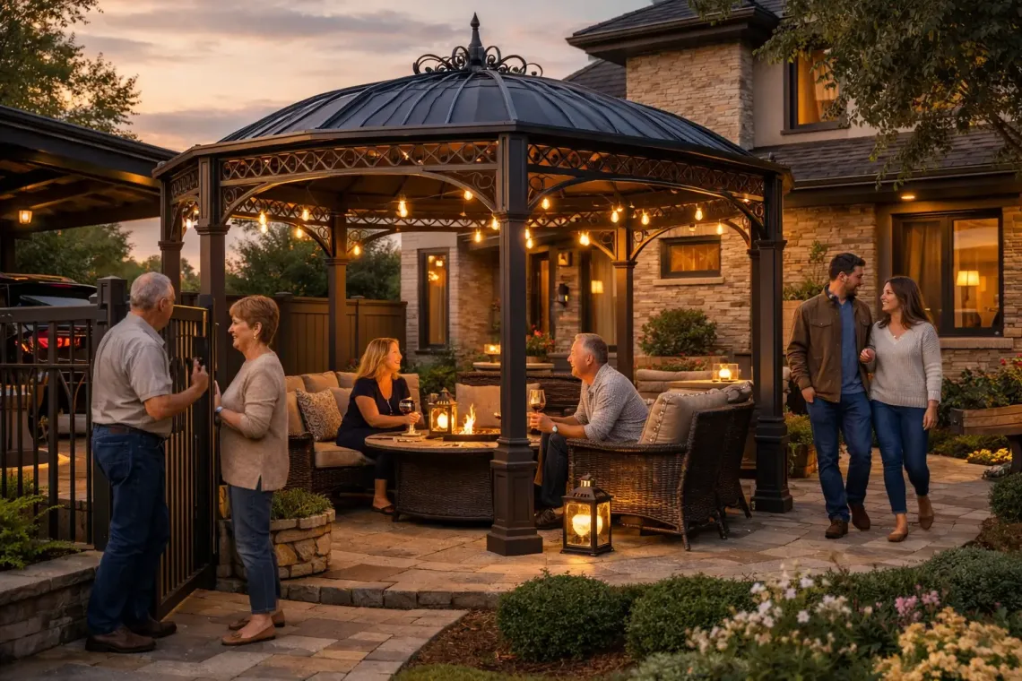 Металлическая беседка во дворе с вечерним освещением