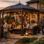 Металлическая беседка во дворе с вечерним освещением