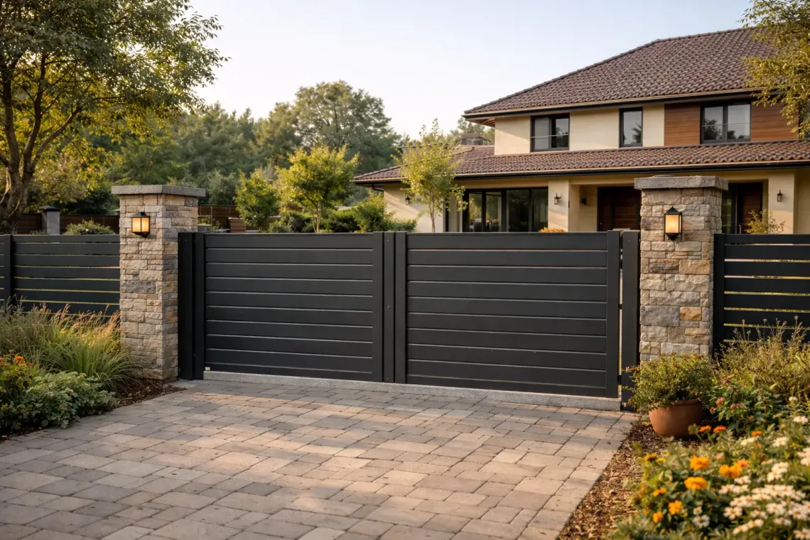 Металлические ворота и ограждение во въездной зоне дома