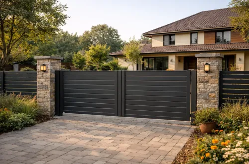 Металлические ворота и ограждение во въездной зоне дома