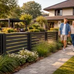 Металлическое ограждение частного дома в благоустроенном дворе