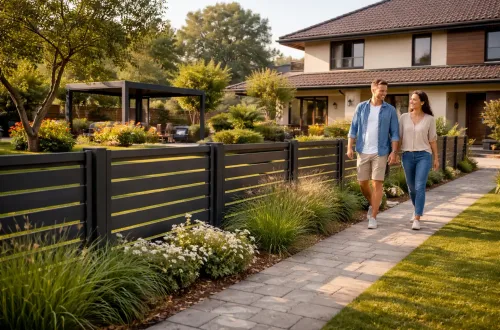 Металлическое ограждение частного дома в благоустроенном дворе