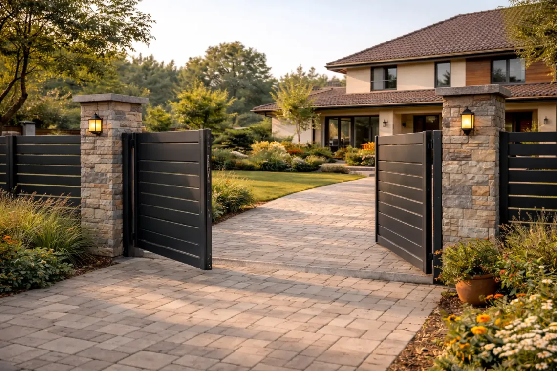 Полуоткрытые металлические ворота частного дома