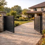 Полуоткрытые металлические ворота частного дома