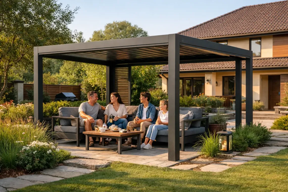 Металлическая беседка во дворе частного дома как элемент архитектуры участка